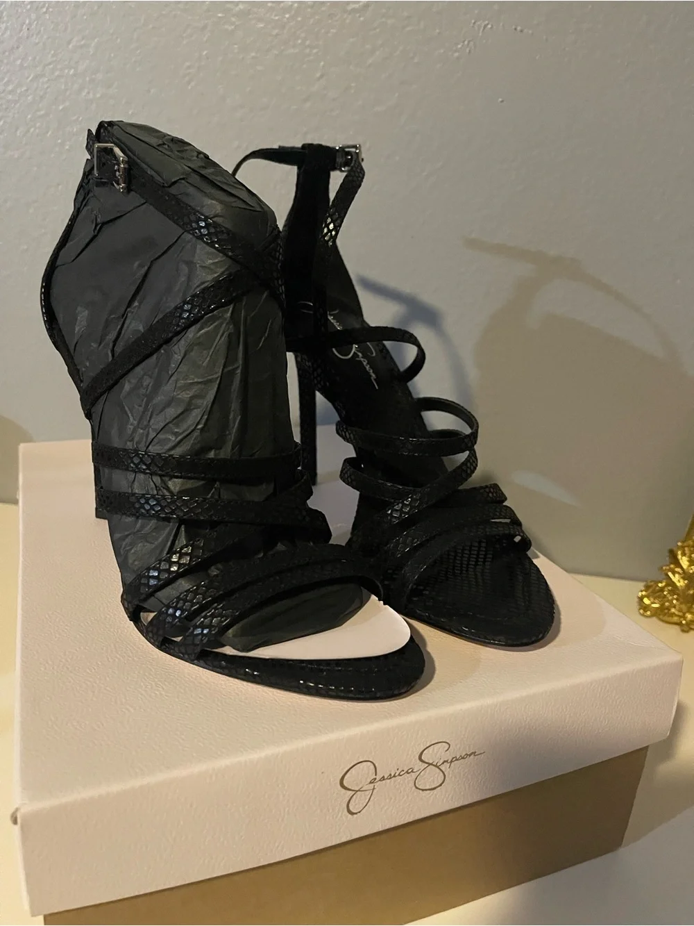 Jessica Simpson Black Strappy Snake-Texture High Heel Sandals